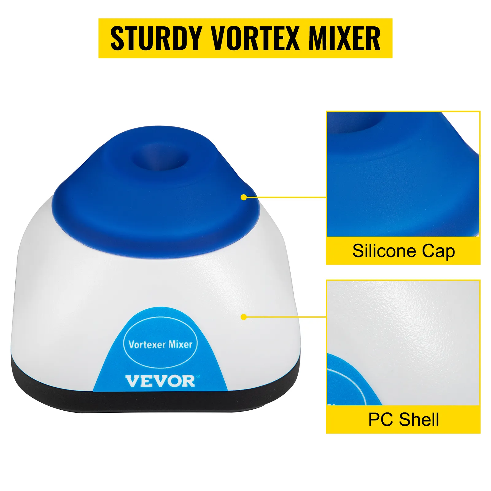 VEVOR vortex mixer with silicone cap and pc shell, labeled for features.