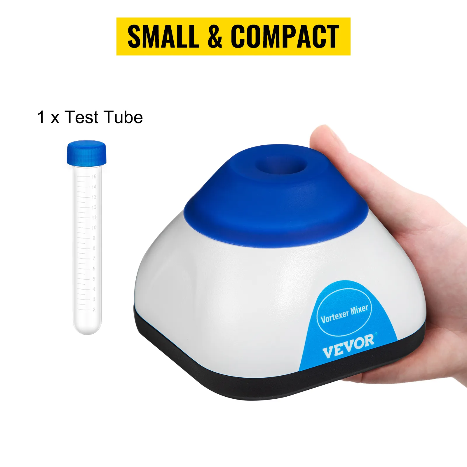 VEVOR vortex mixer in hand with a test tube; small and compact design.
