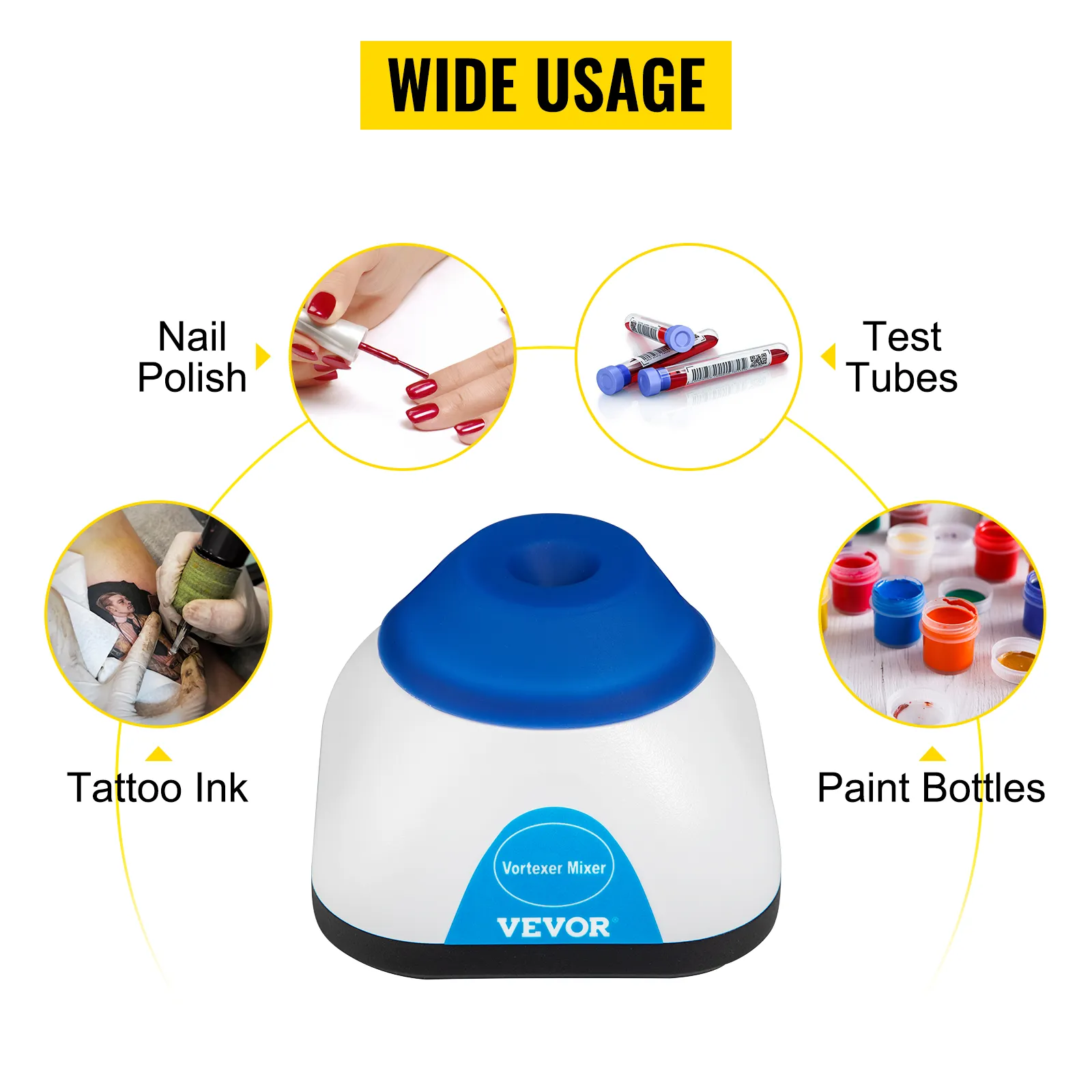 VEVOR vortex mixer for nail polish, tattoo ink, test tubes, and paint bottles.