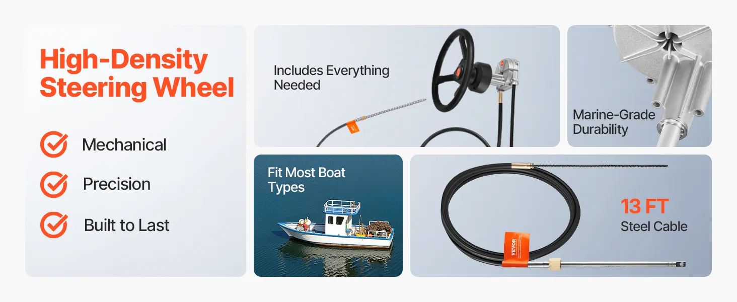 VEVOR outboard steering system with 13.5" wheel and 13' steering cable by the sea.