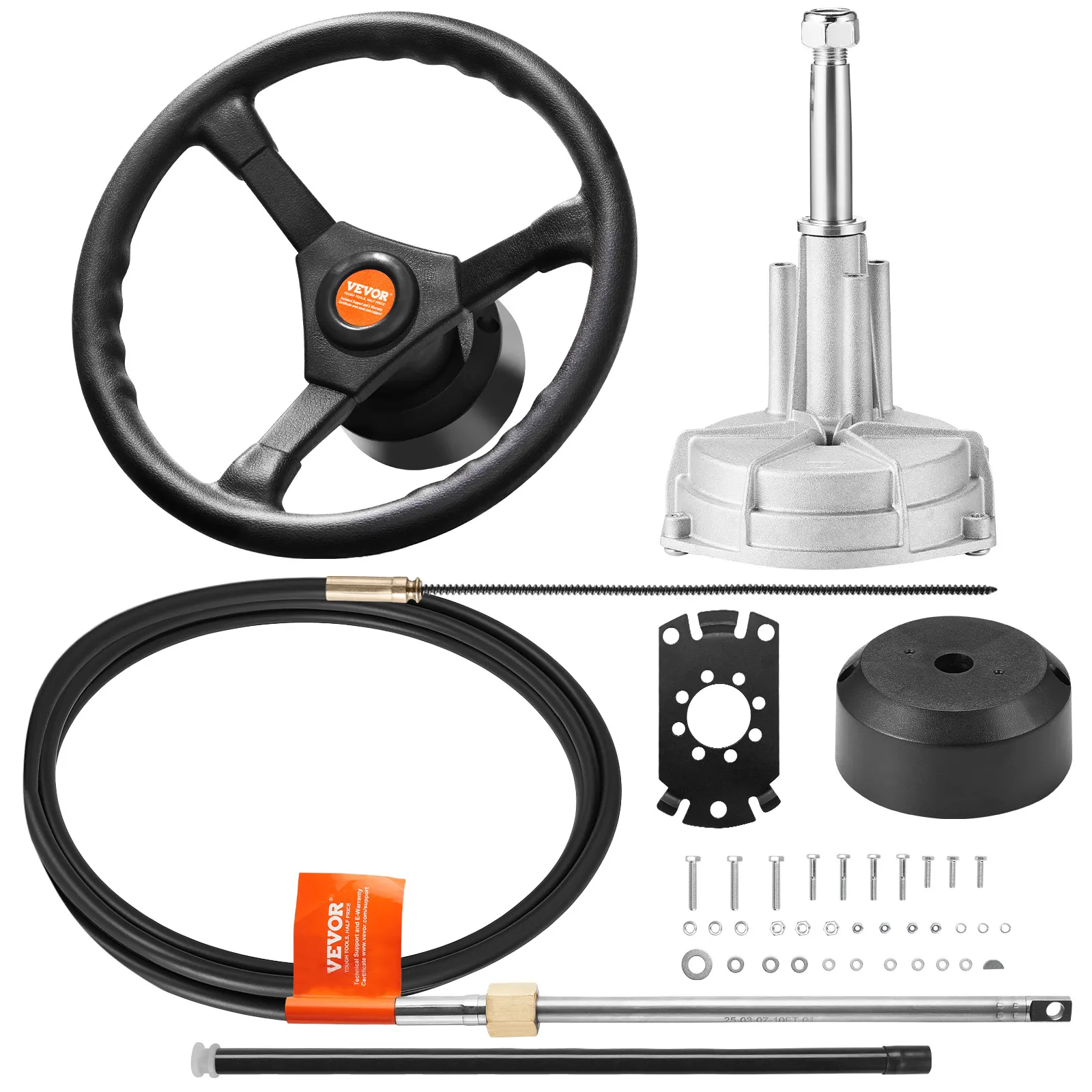 VEVOR outboard steering system parts with steering wheel, mounting hardware, and cables.