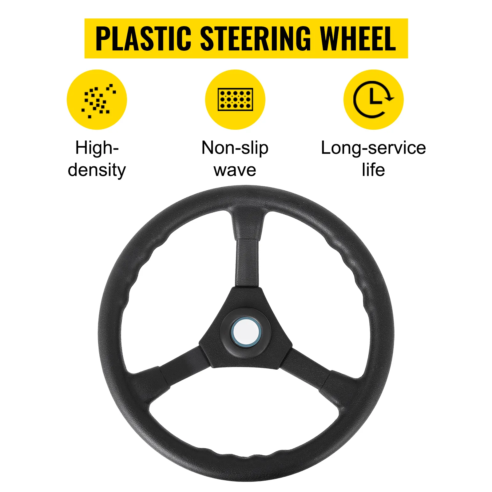 VEVOR outboard steering system plastic steering wheel with high-density, non-slip grip.