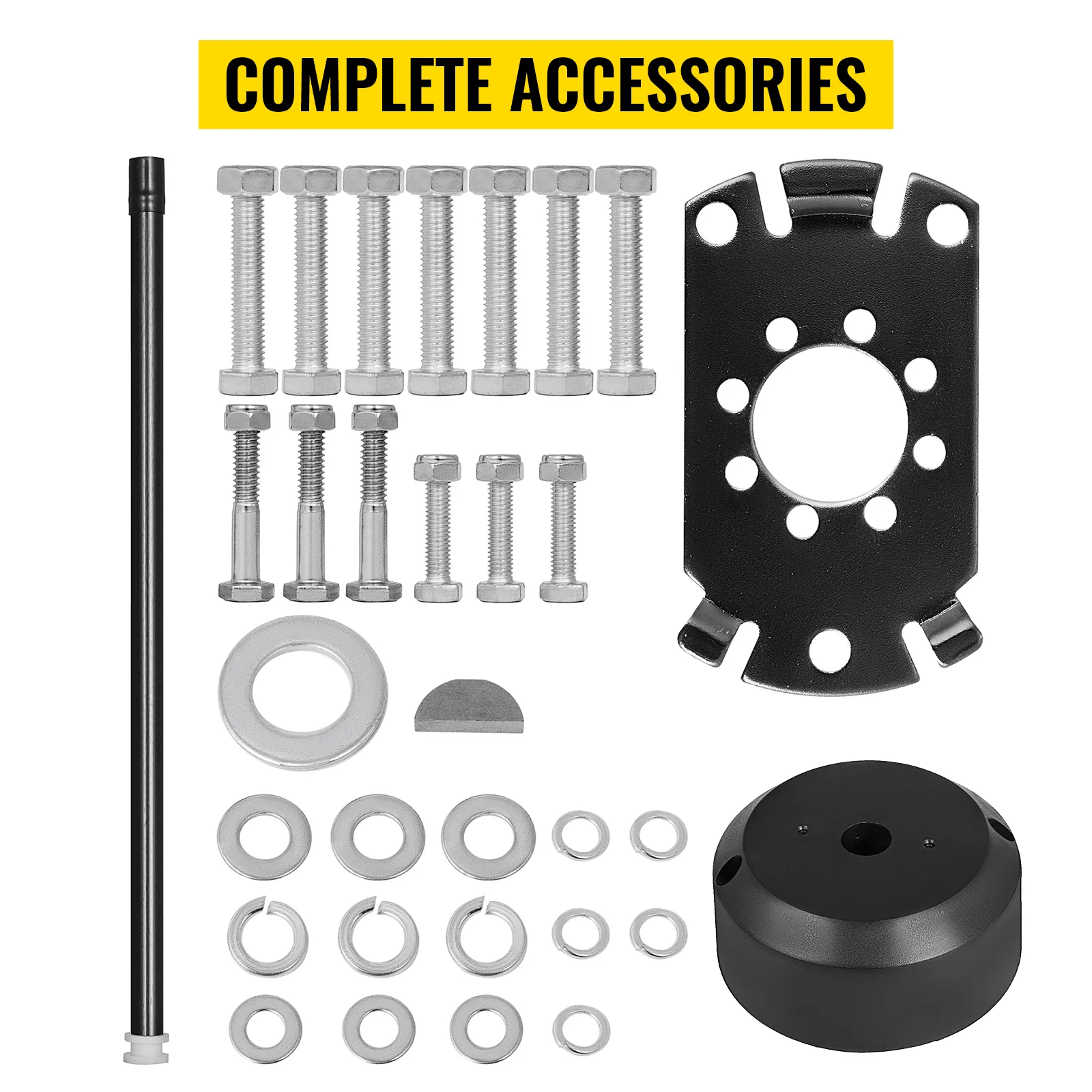 complete accessories in the VEVOR outboard steering system kit laid out on a white background.