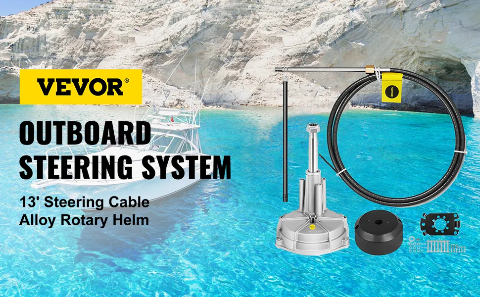 VEVOR boat steering kit with 13' cable and alloy rotary helm near scenic coastal waters.