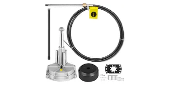 VEVOR boat steering kit with helm, black cable, and installation hardware.