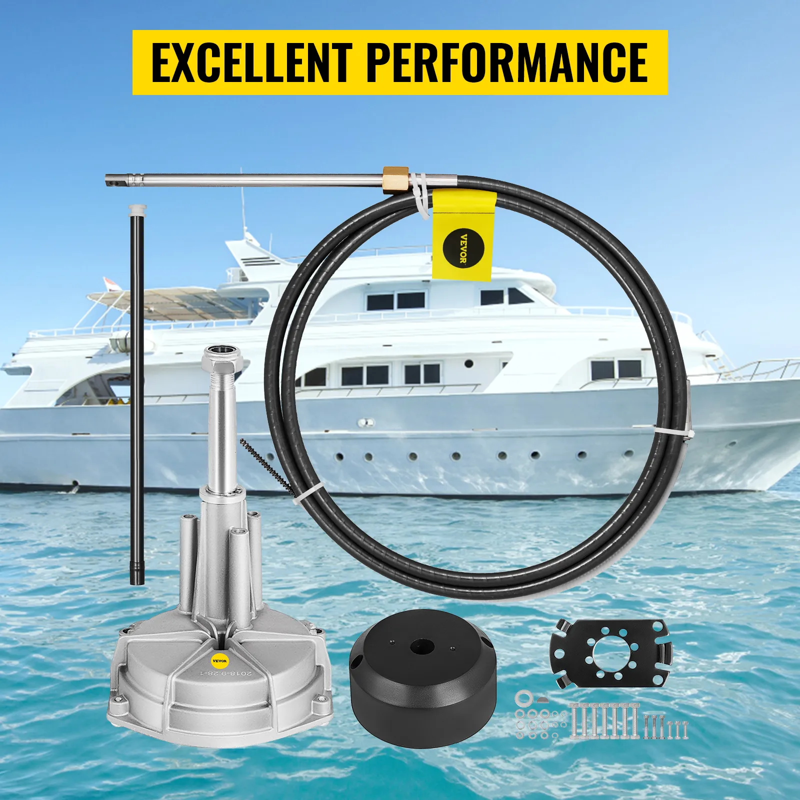 VEVOR boat steering kit with yacht and ocean in the background. excellent performance.