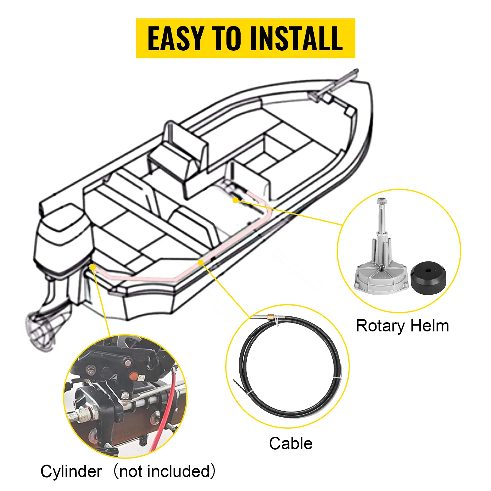 VEVOR boat steering kit with rotary helm, cable, and easy installation steps.