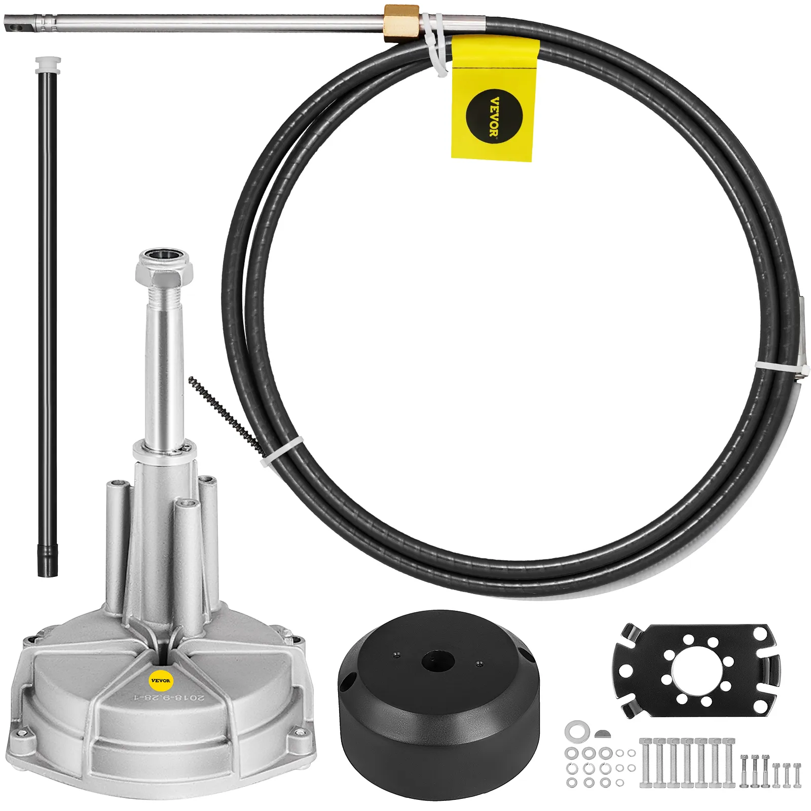 VEVOR outboard steering kit with cable, mounting hardware, and helm unit.