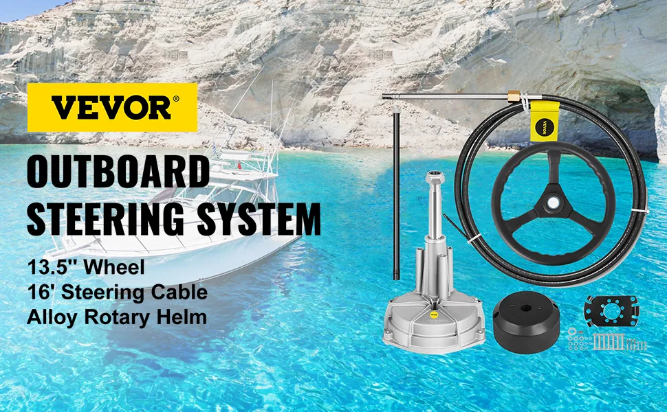 VEVOR outboard steering system with blue sea and rocky cliffs in the background.