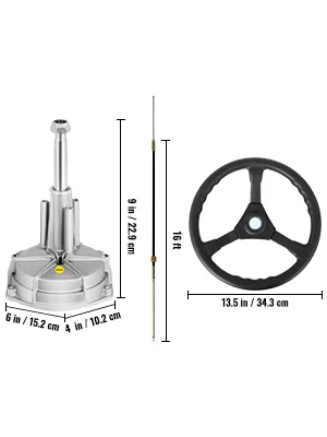 VEVOR outboard steering system with dimensions and components, including wheel and cable.