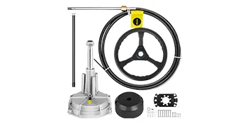 VEVOR outboard steering system kit with wheel, housing, cable, and hardware.