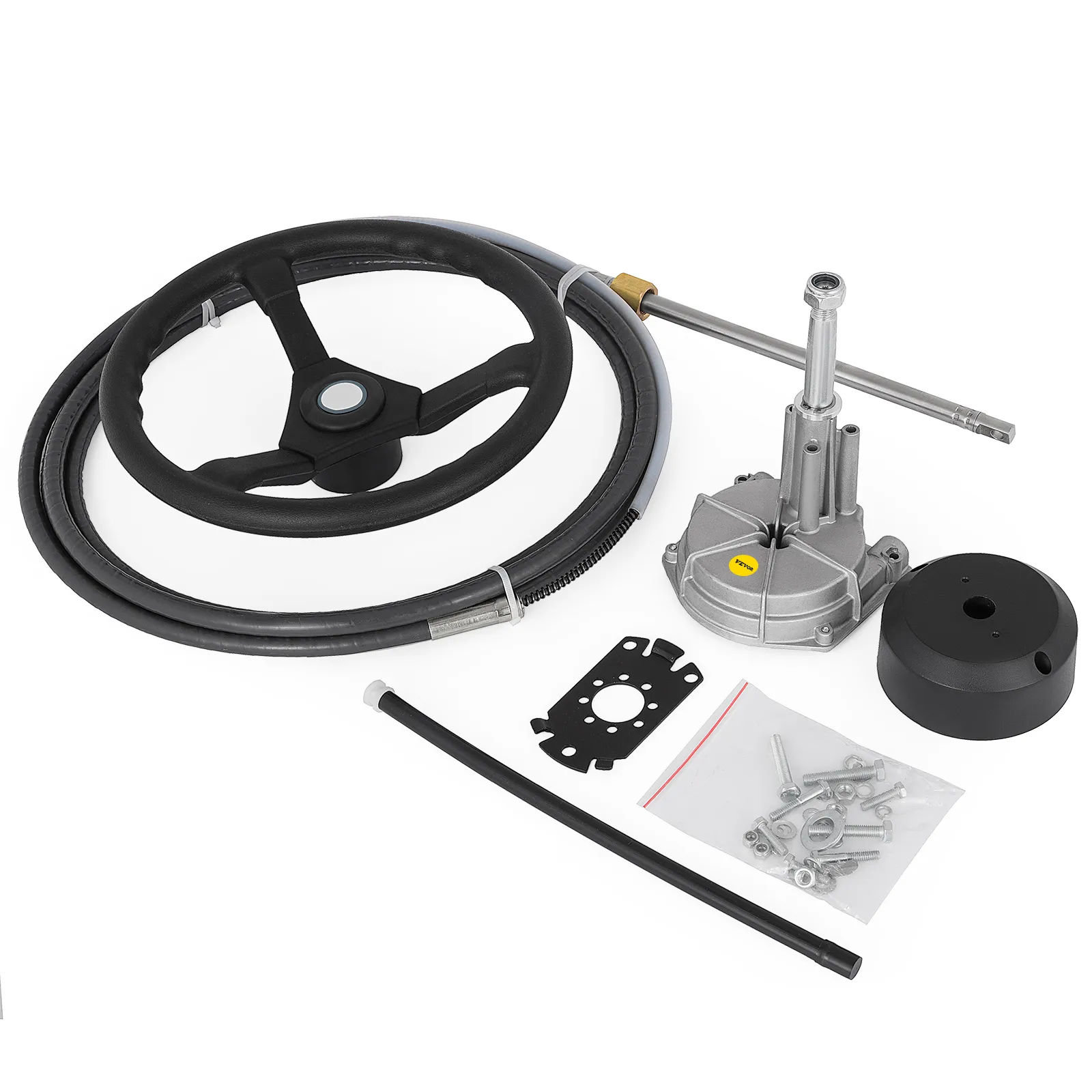 VEVOR outboard steering system with wheel, cable, and installation hardware.