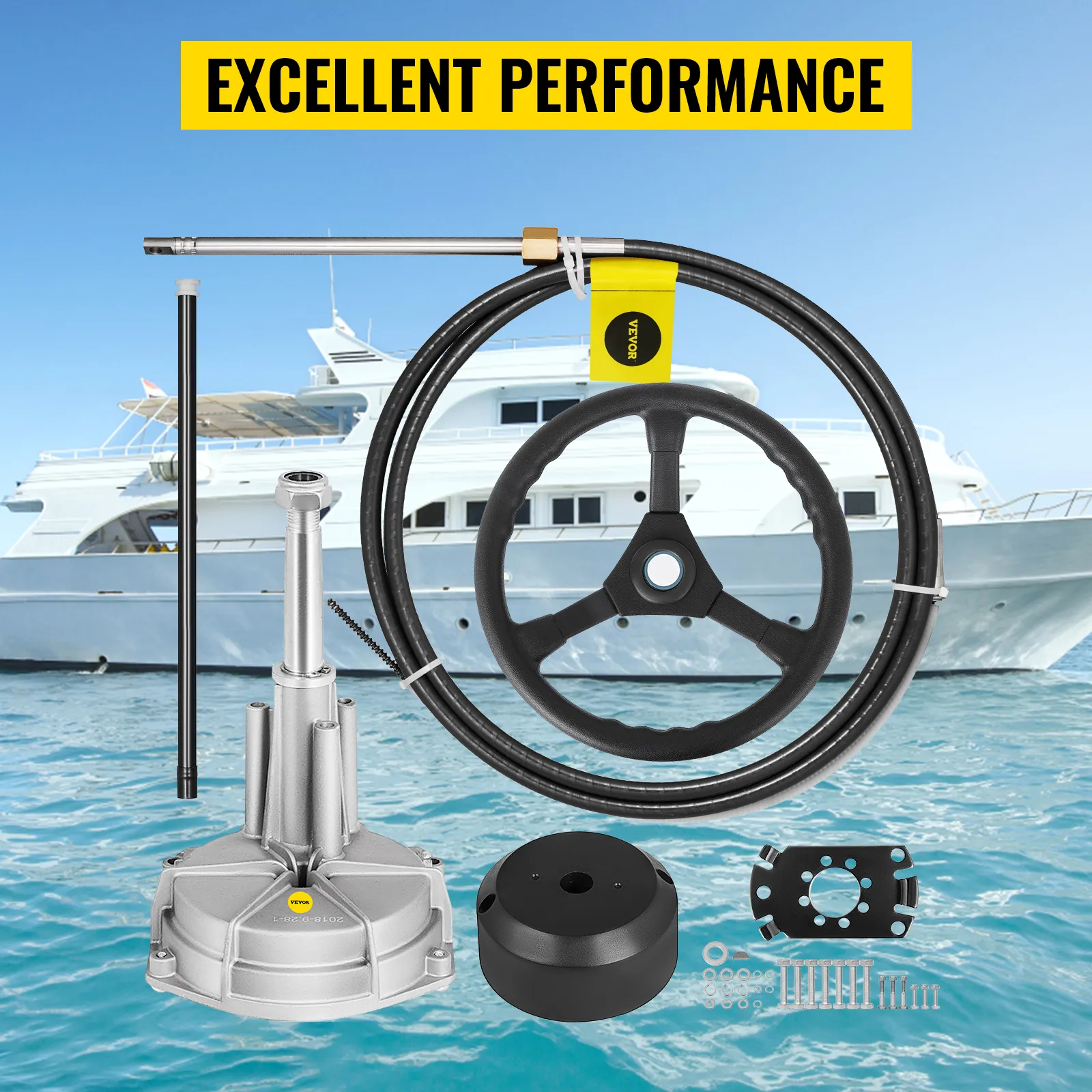 boat parts with the VEVOR outboard steering system with a yacht background.