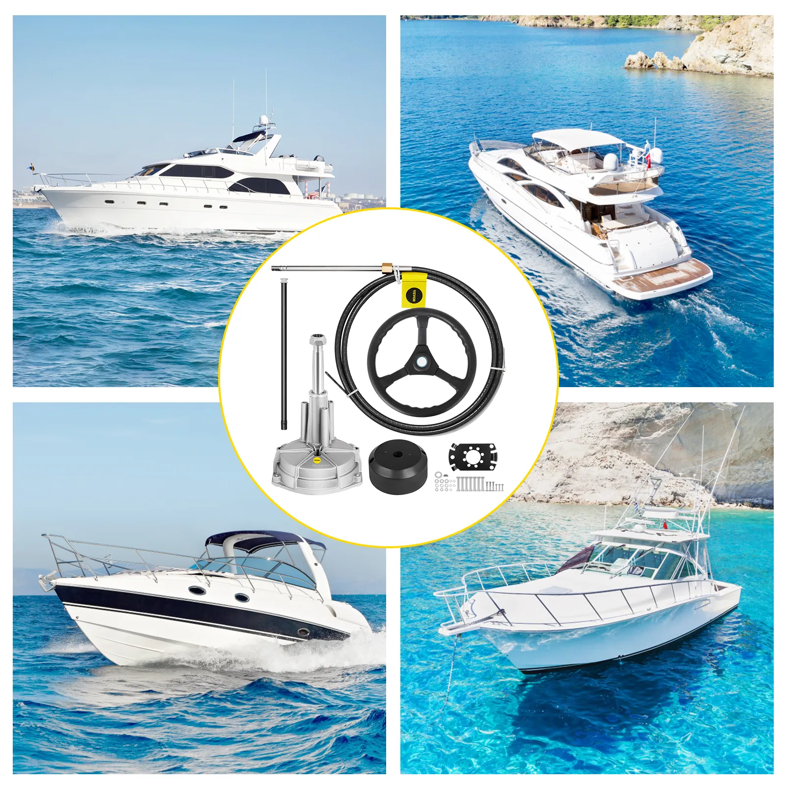 collage of yachts on the water with VEVOR outboard steering system components.