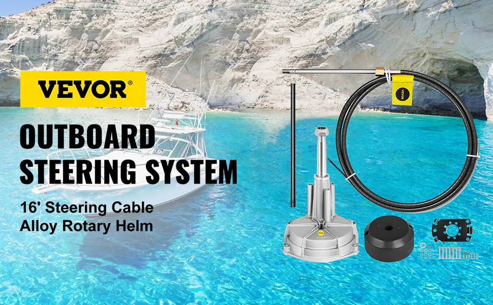 Kit de dirección de barco VEVOR mostrado con aguas azules y acantilados rocosos en el fondo.