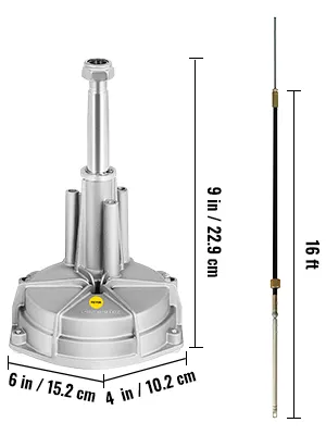 Kit de dirección de barco VEVOR con dimensiones etiquetadas: 9 pulgadas x 6 pulgadas x 4 pulgadas, cable de 16 pies.