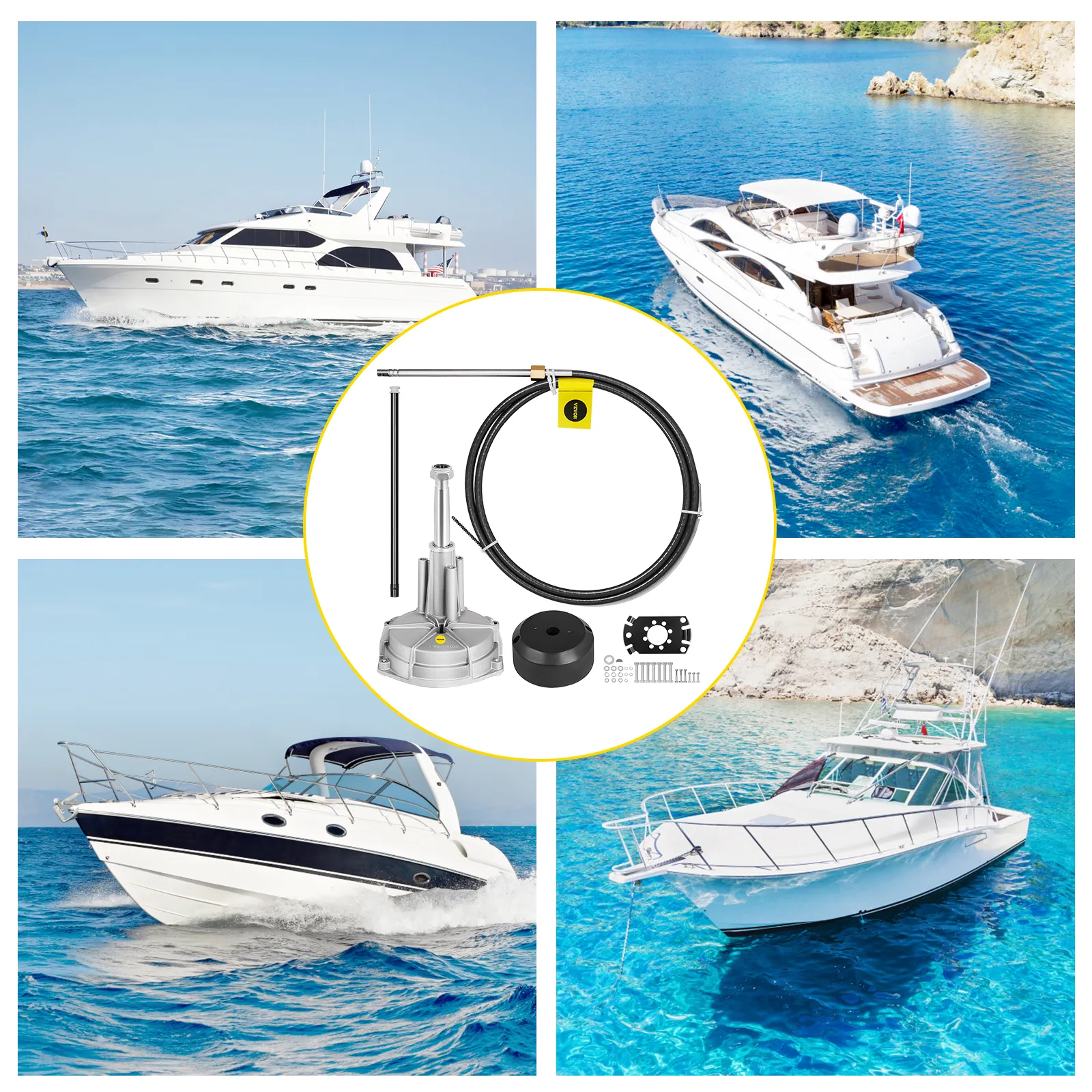 Kit de dirección de barco VEVOR en un collage de cuatro barcos navegando en aguas azules prístinas.