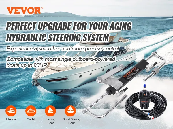 VEVOR hydraulic steering kit for a yacht on the water, ideal for outboard boats.