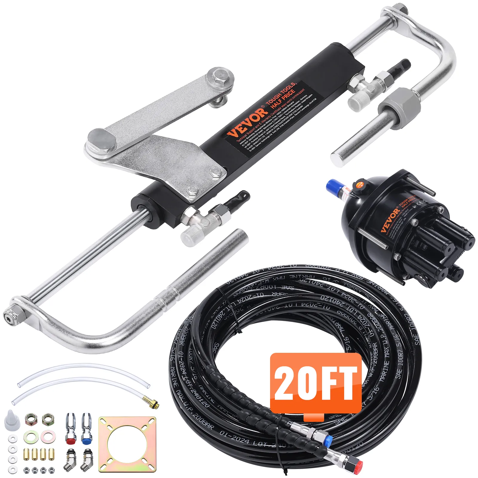 Kit de dirección hidráulica VEVOR, manguera de 20 pies, cilindro de dirección y hardware de instalación.
