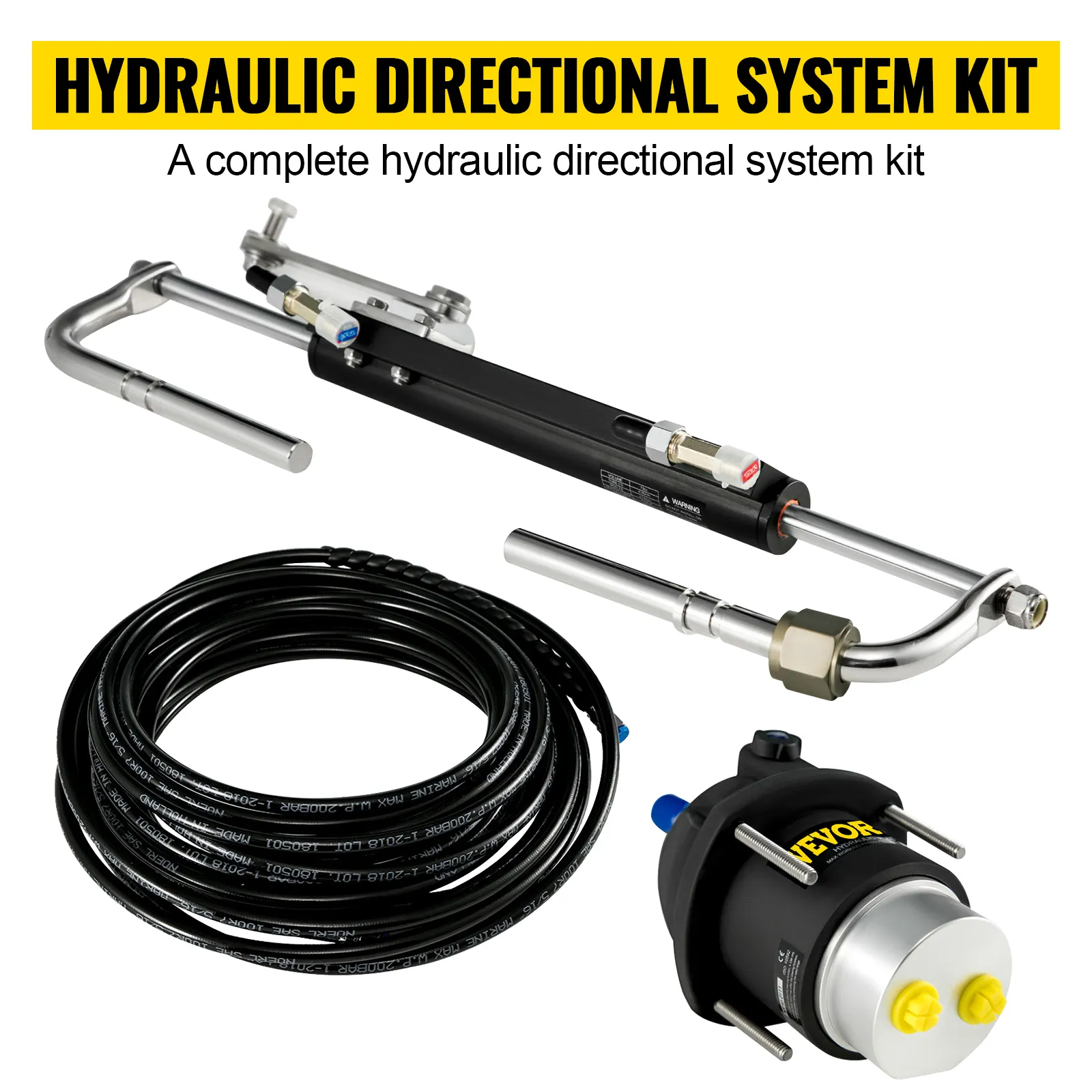 Kit de dirección hidráulica VEVOR con componentes y manguera enrollada.