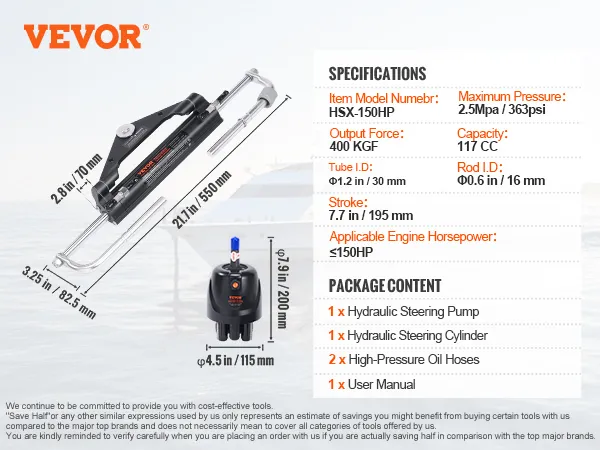 VEVOR hydraulic steering kit with pump, cylinder, oil hoses, and user manual, fitting ≤150hp engines.