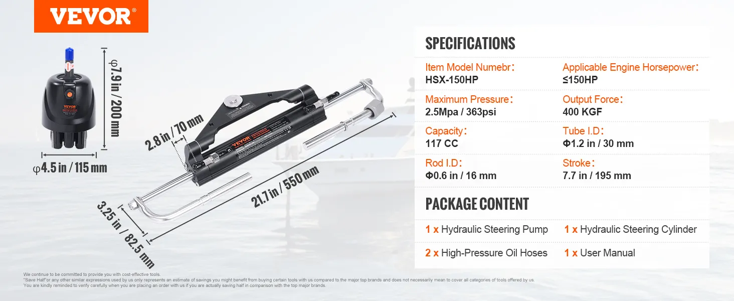VEVOR hydraulic steering kit with pump, cylinder, oil hoses, and user manual, fitting ≤150hp engines.