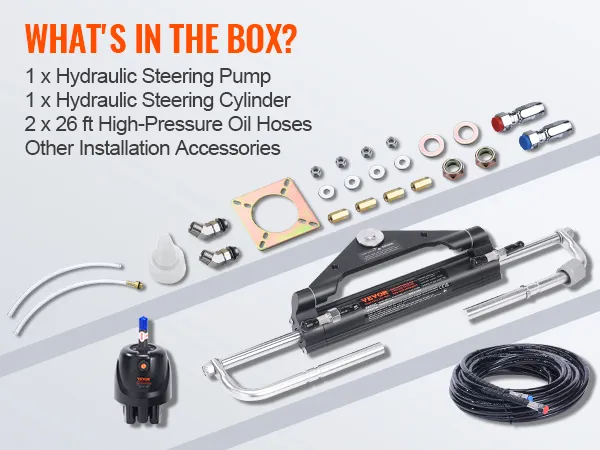 VEVOR hydraulic steering kit components including pump, cylinder, hoses, fittings, and accessories.