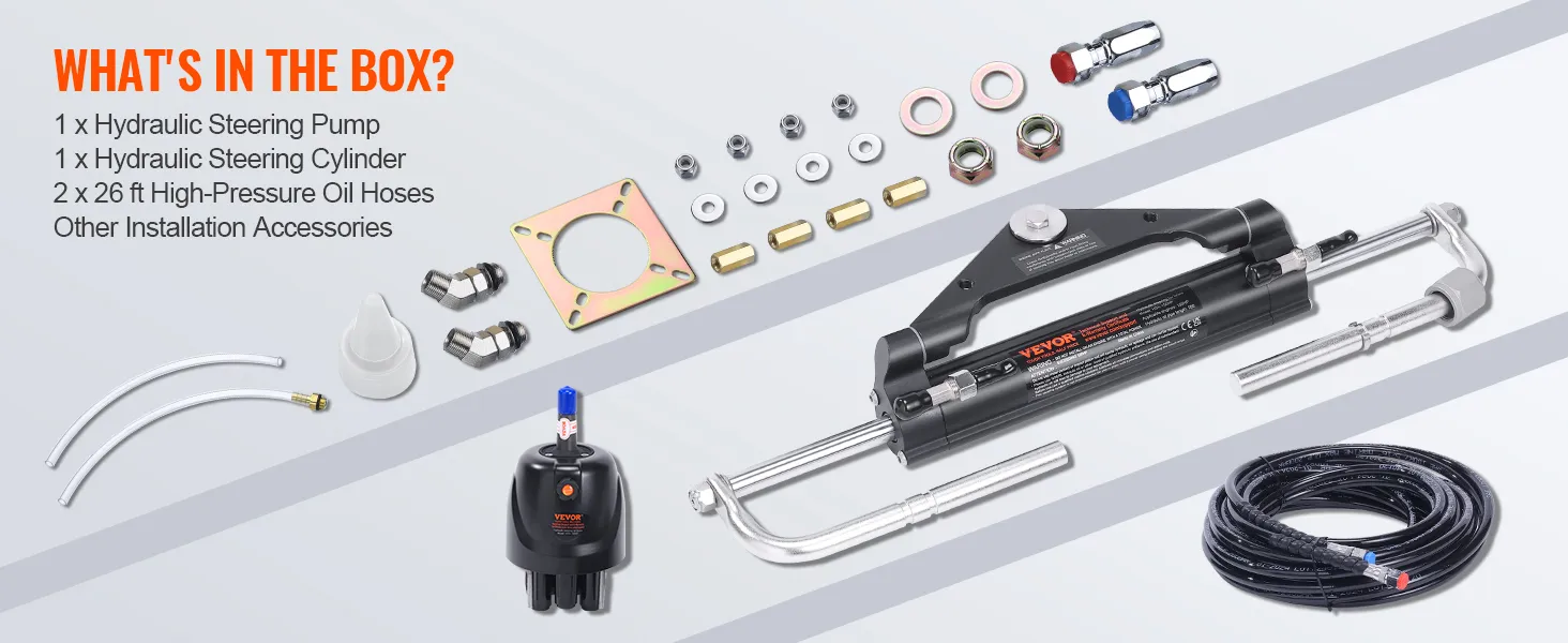 VEVOR hydraulic steering kit components including pump, cylinder, hoses, fittings, and accessories.