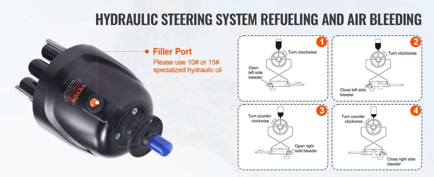 VEVOR hydraulic steering kit with refueling and air bleeding instructions, featuring filler port and steps.