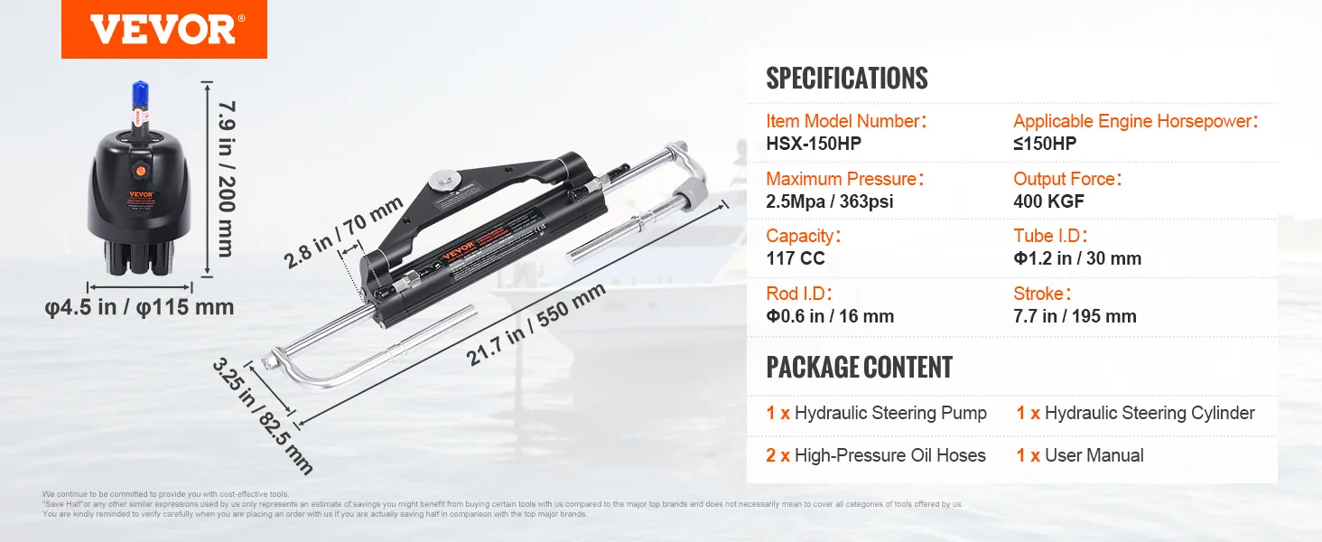 VEVOR hydraulic outboard steering kit with specifications and package content, including steering pump and cylinder.