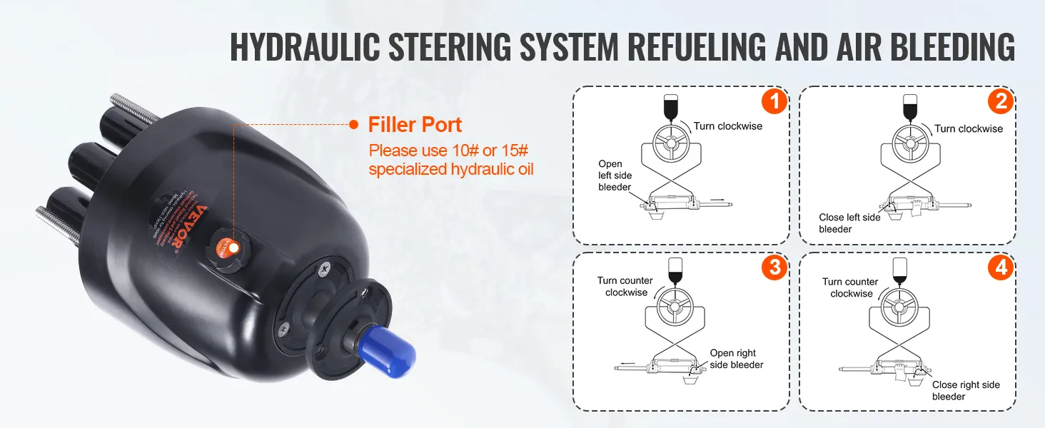 VEVOR hydraulic outboard steering kit with instructions for refueling and air bleeding, and filler port.