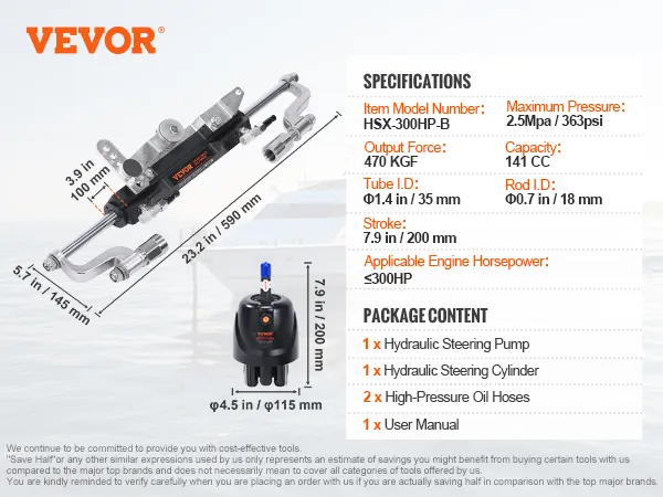 VEVOR outboard steering kit with hydraulic steering pump, high-pressure oil hoses, and specifications.