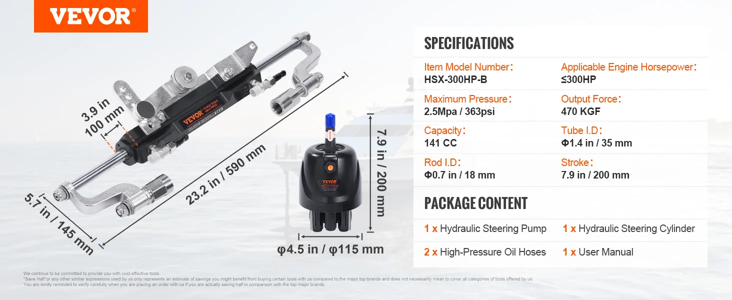 VEVOR outboard steering kit with hydraulic steering pump, high-pressure oil hoses, and specifications.
