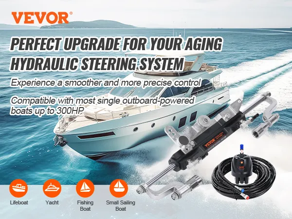 VEVOR outboard steering kit next to luxury yacht, ideal for lifeboats, yachts, fishing boats, and small sailing boats.