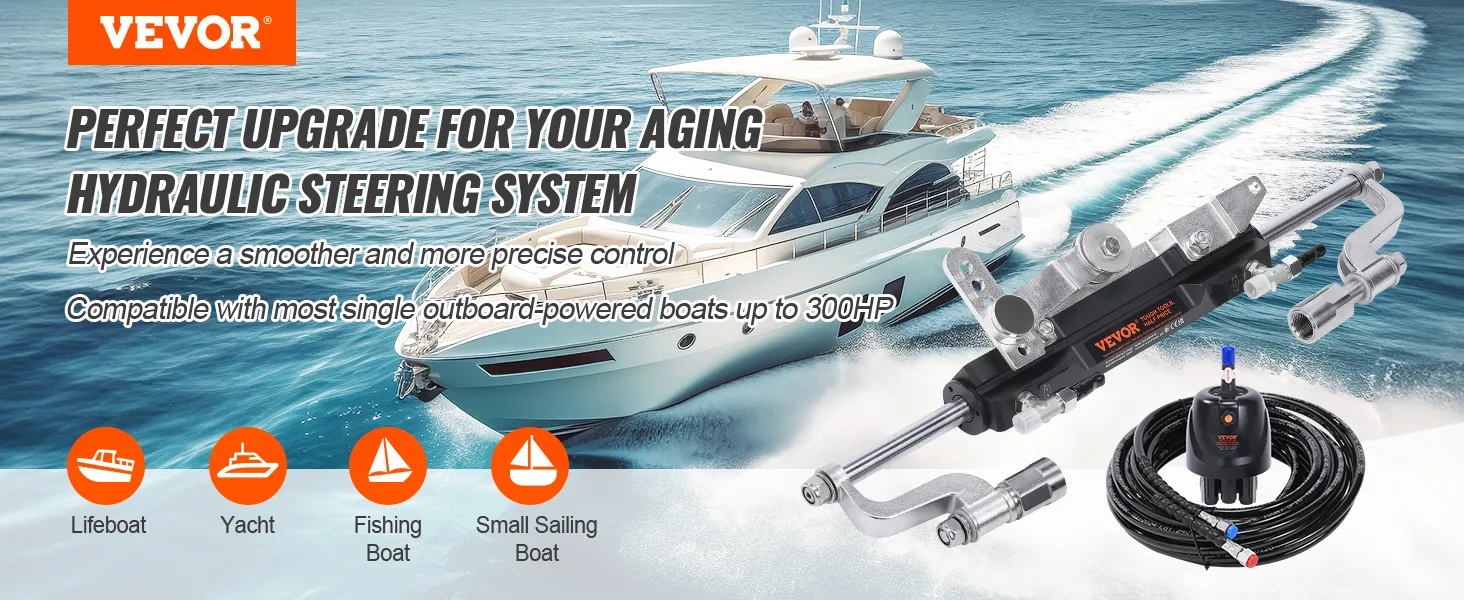 VEVOR outboard steering kit next to luxury yacht, ideal for lifeboats, yachts, fishing boats, and small sailing boats.