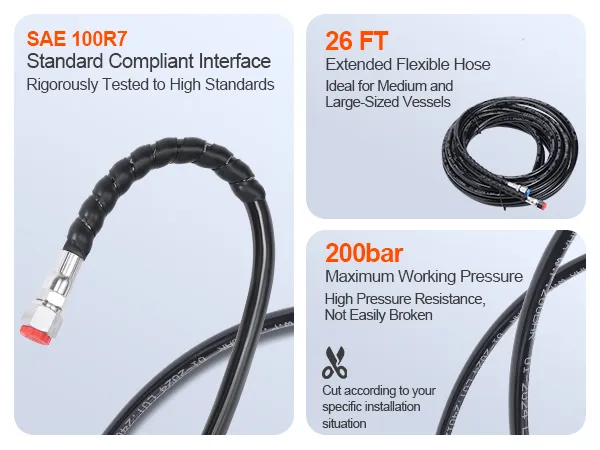 sae 100r7 standard compliant VEVOR outboard steering kit, 26 ft hose, 200 bar max pressure.
