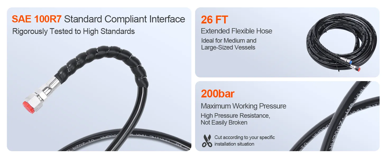 sae 100r7 standard compliant VEVOR outboard steering kit, 26 ft hose, 200 bar max pressure.