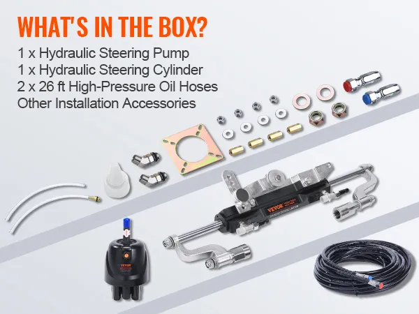 VEVOR outboard steering kit components: hydraulic pump, steering cylinder, oil hoses, accessories.