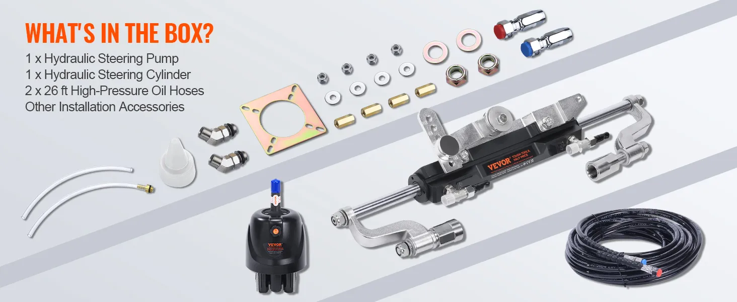 VEVOR outboard steering kit components: hydraulic pump, steering cylinder, oil hoses, accessories.