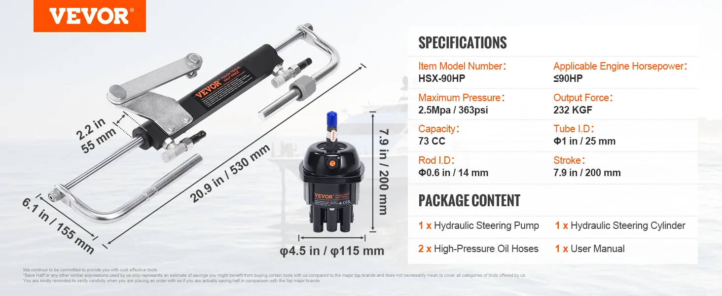 VEVOR hydraulic outboard steering kit showing specifications and package content with measurements