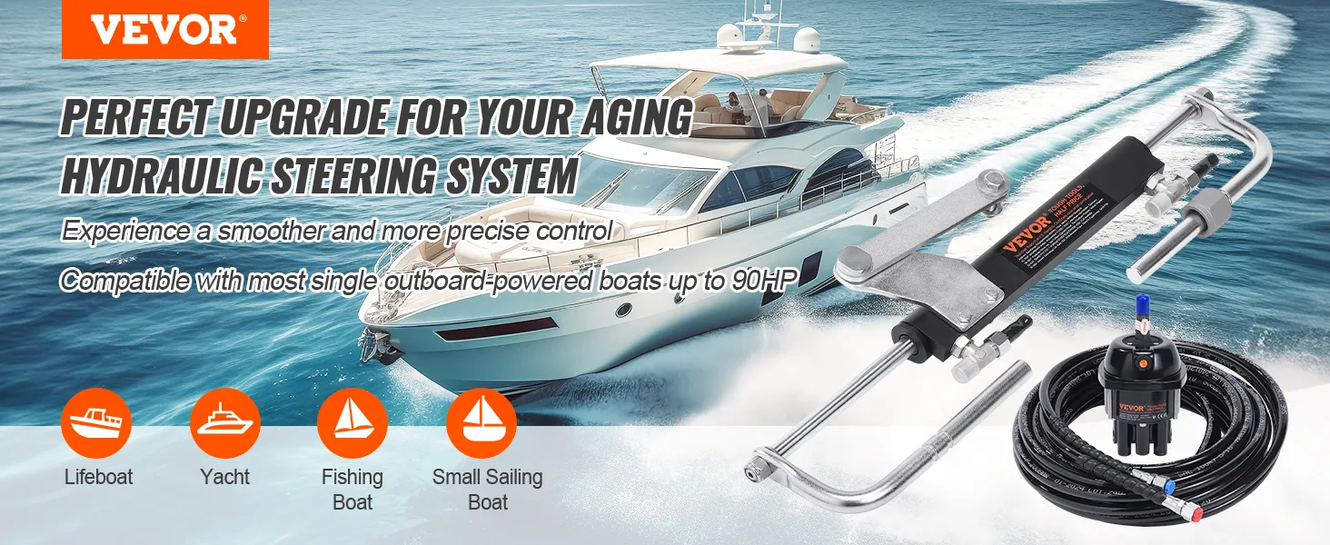 VEVOR hydraulic outboard steering kit for smooth and precise control on various boats up to 90hp.