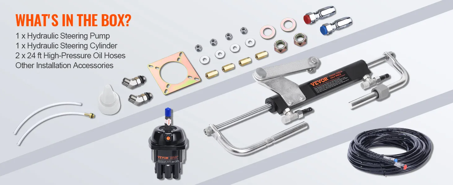 VEVOR hydraulic outboard steering kit components: pump, cylinder, oil hoses, and installation accessories.