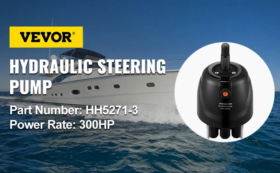 VEVOR hydraulic steering pump, part number hh5271-3, power rate 300hp, with yacht background.