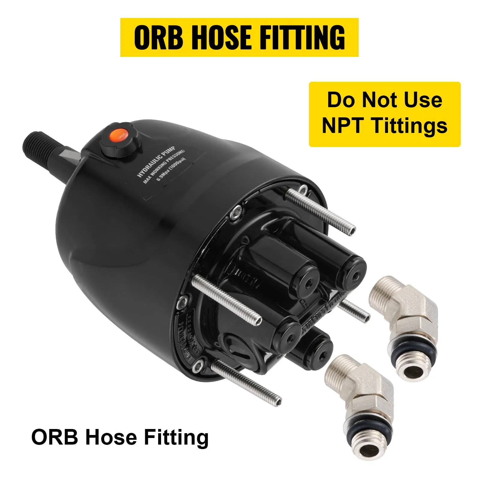 VEVOR hydraulic steering pump showing orb hose fittings, with text "do not use npt fittings".