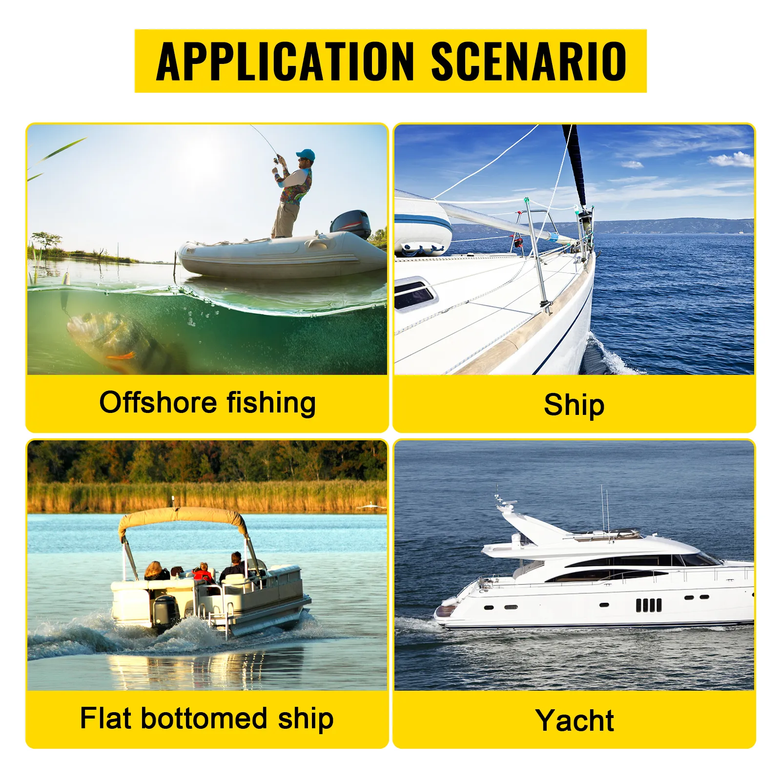 VEVOR hydraulic steering pump usage in fishing boats, ships, flat bottomed boats, and yachts.