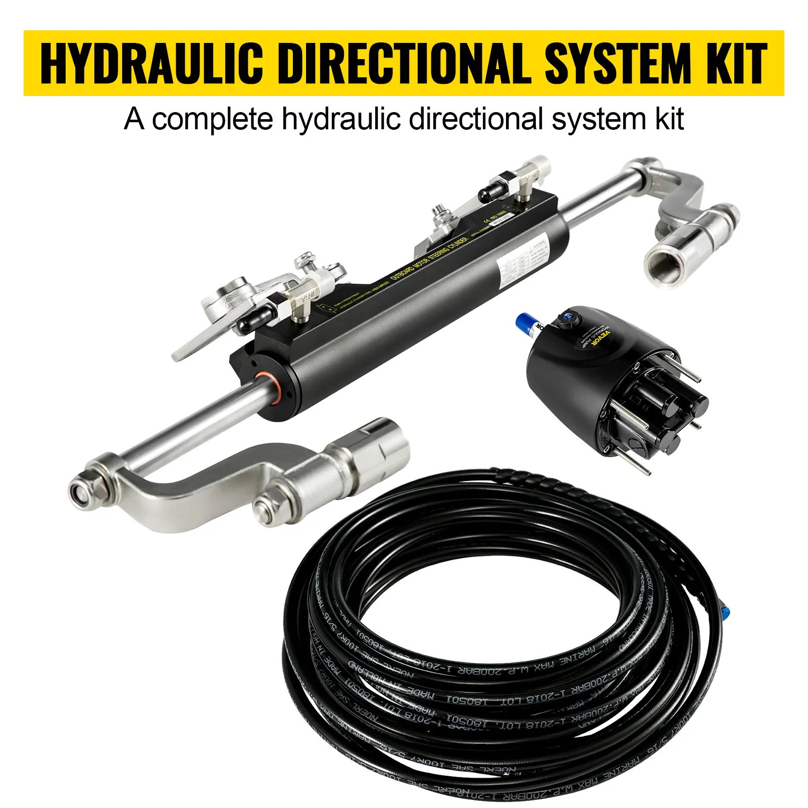 Kit de dirección hidráulica VEVOR con mangueras, cilindro y componentes del módulo de control.