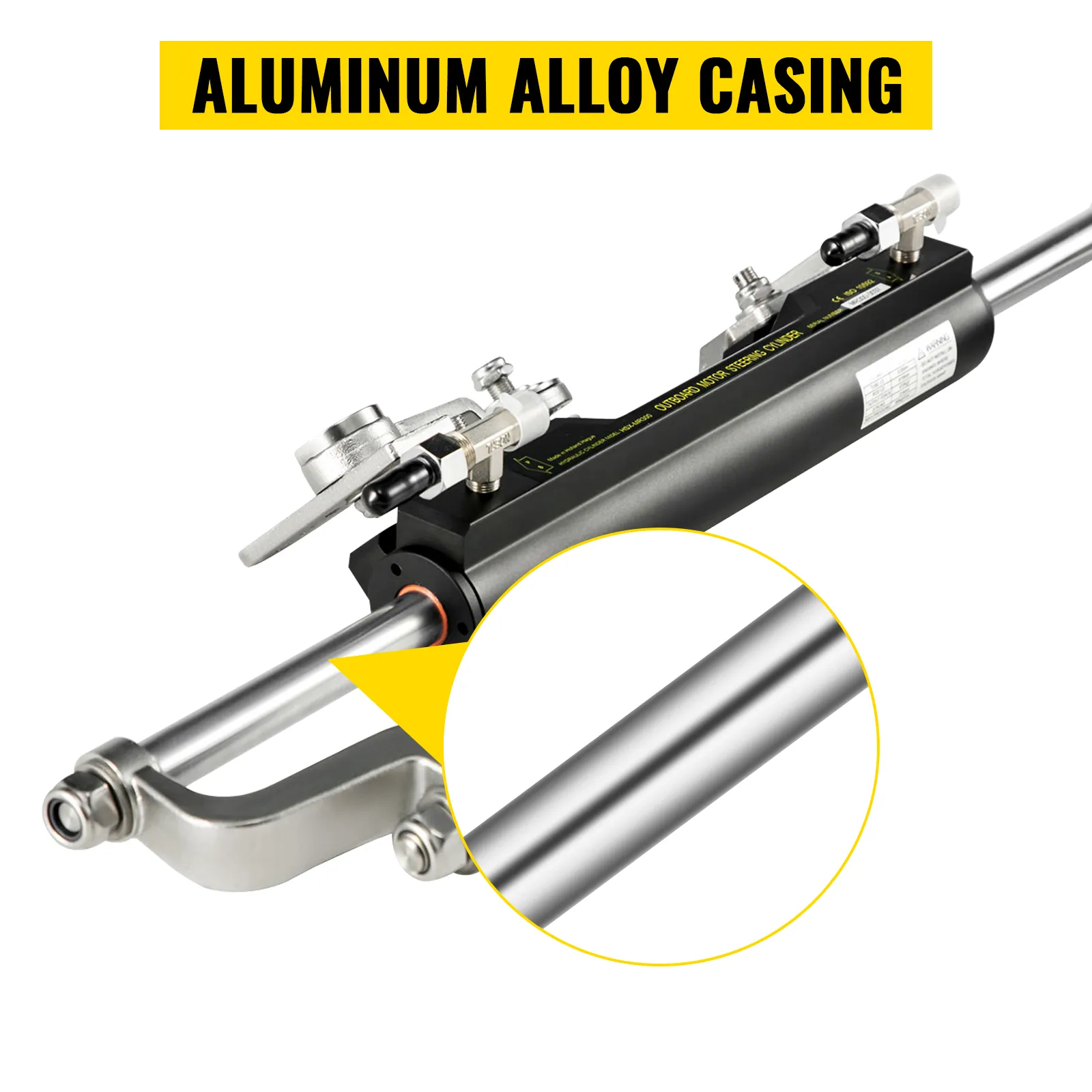 Kit de dirección hidráulica VEVOR con carcasa de aleación de aluminio y detalle de primer plano.