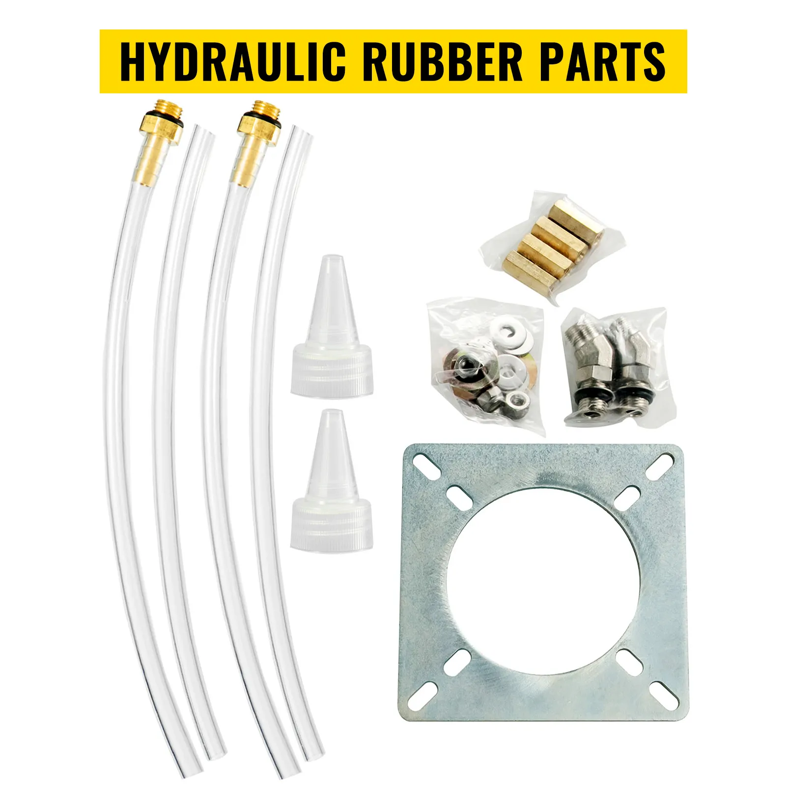 Kit de dirección hidráulica VEVOR con mangueras, accesorios, arandelas y placa de montaje.
