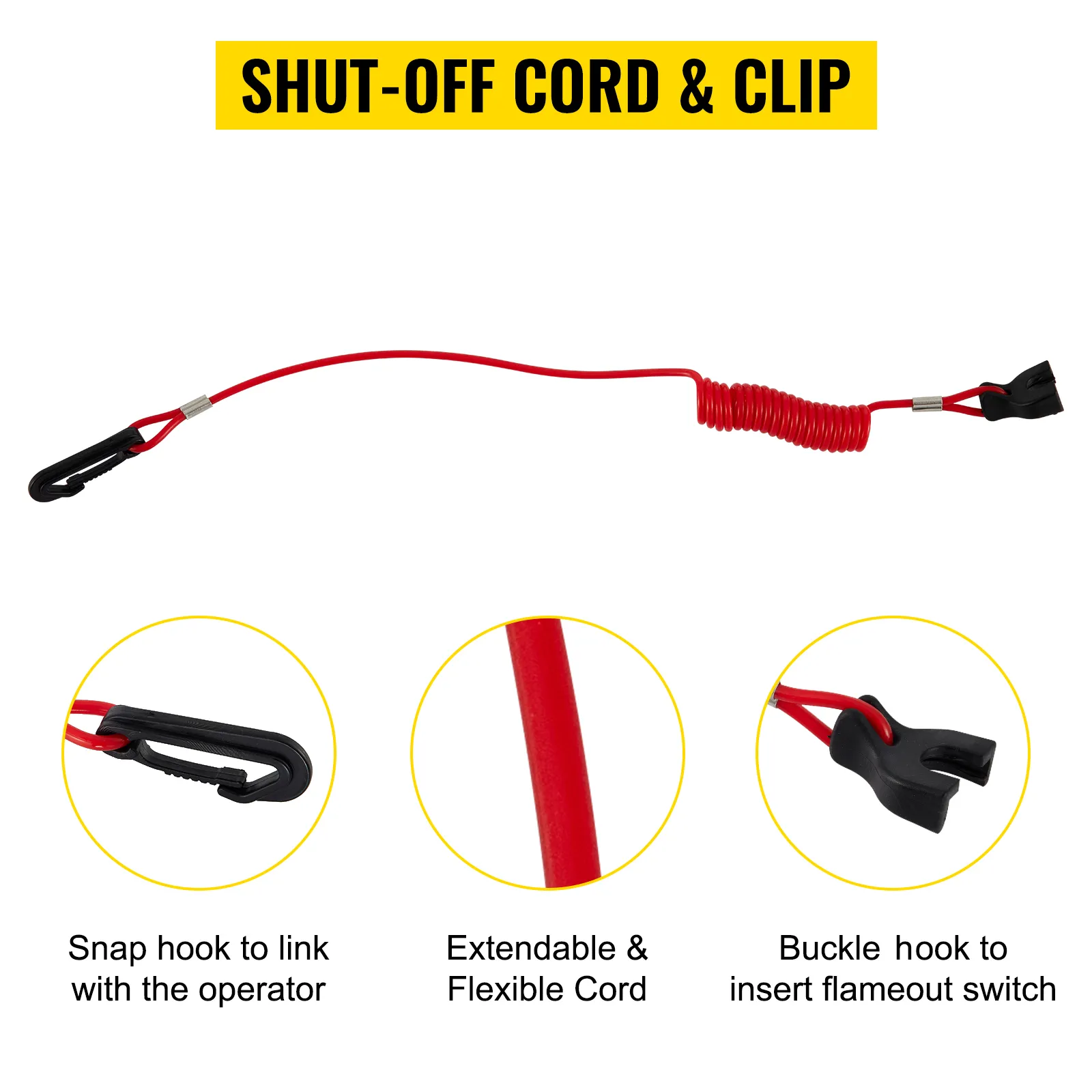 Cable de apagado rojo con gancho a presión, cable flexible y hebilla de interruptor de apagado.