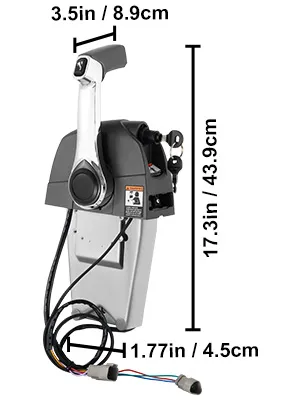 Control remoto fueraborda VEVOR con palanca y cableado, dimensiones etiquetadas.